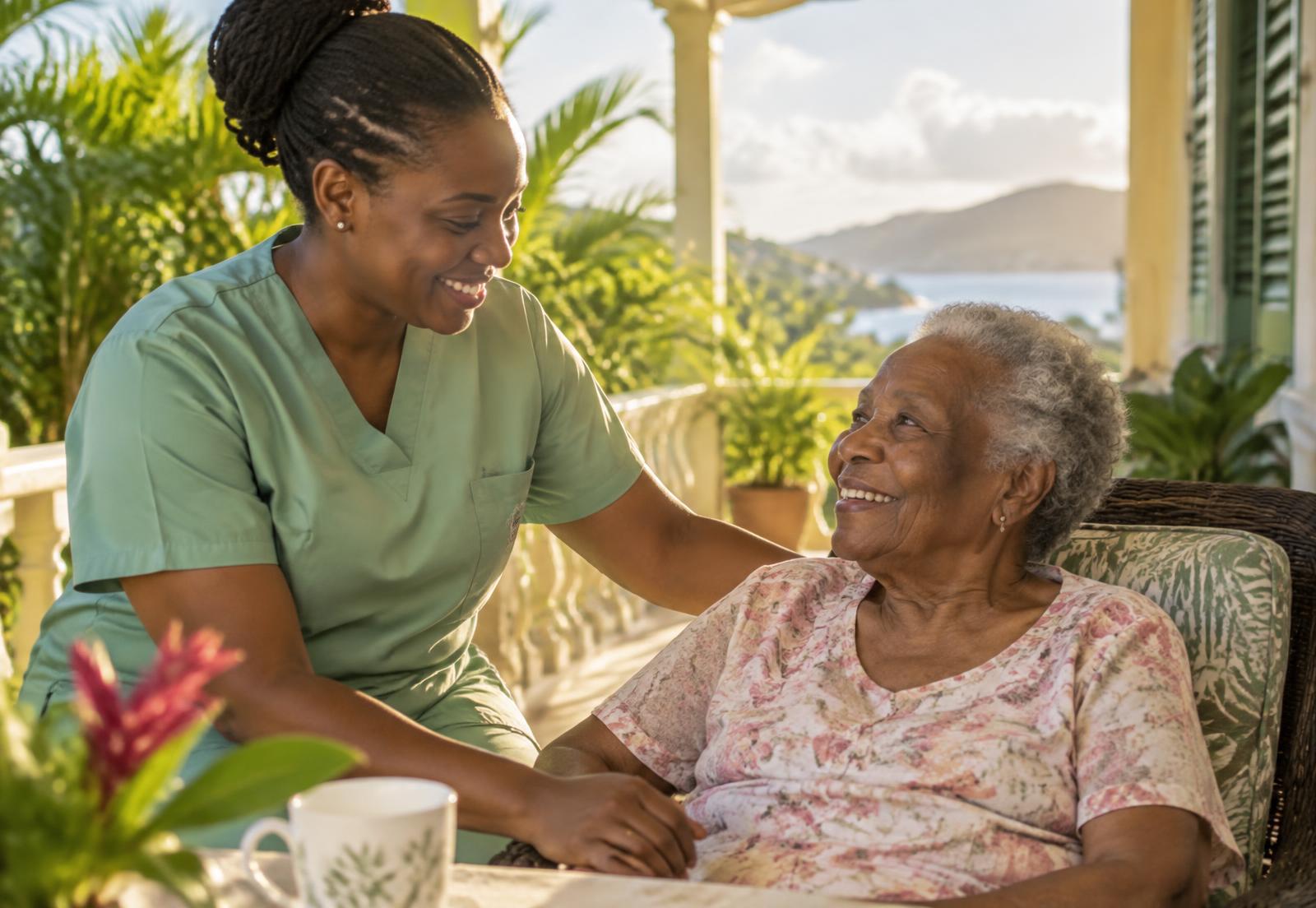 A caregiver in green scrubs sitting with a smiling elderly woman on a sunlit Caribbean veranda